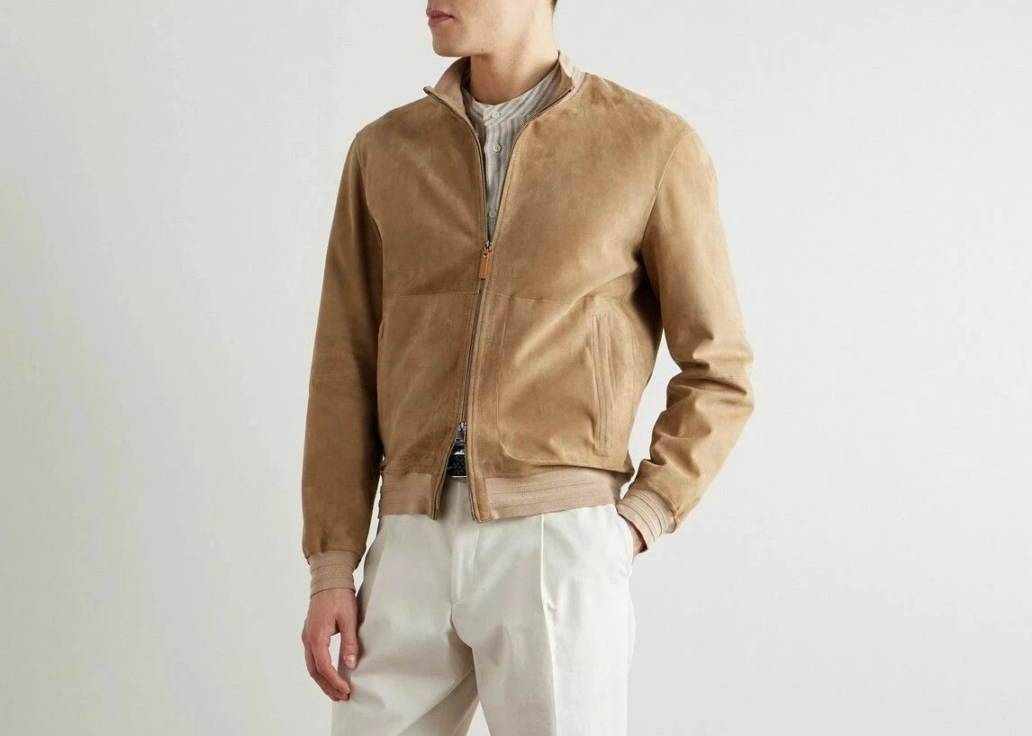 Men Brown Pure Suede Leather Jacket Slim Fit Trucker Jacket Custom Size S M L XL