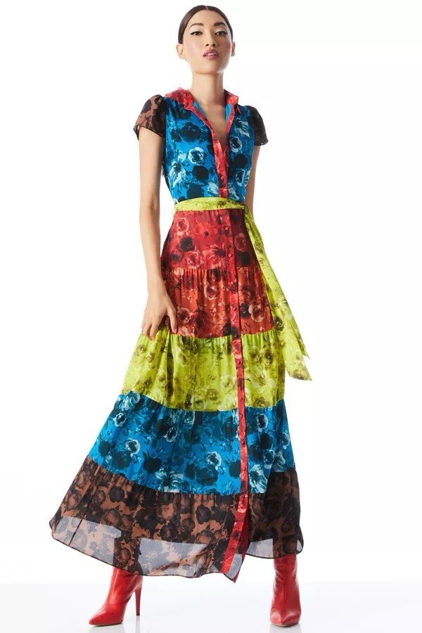 ALICE + OLIVIA Dress NWT Miranda Tiered Maxi Dress Size 2 Floral Multi  Collared