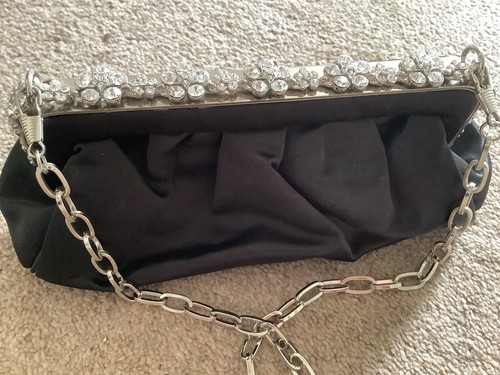 WOMENS BLACK CLUTCH BAG WITH SILVER FLOWER TRIM - Picture 5 of 7