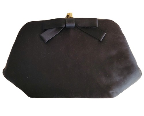 Classic Vintage Black Taffeta Clutch Handbag with Bow c.1950s