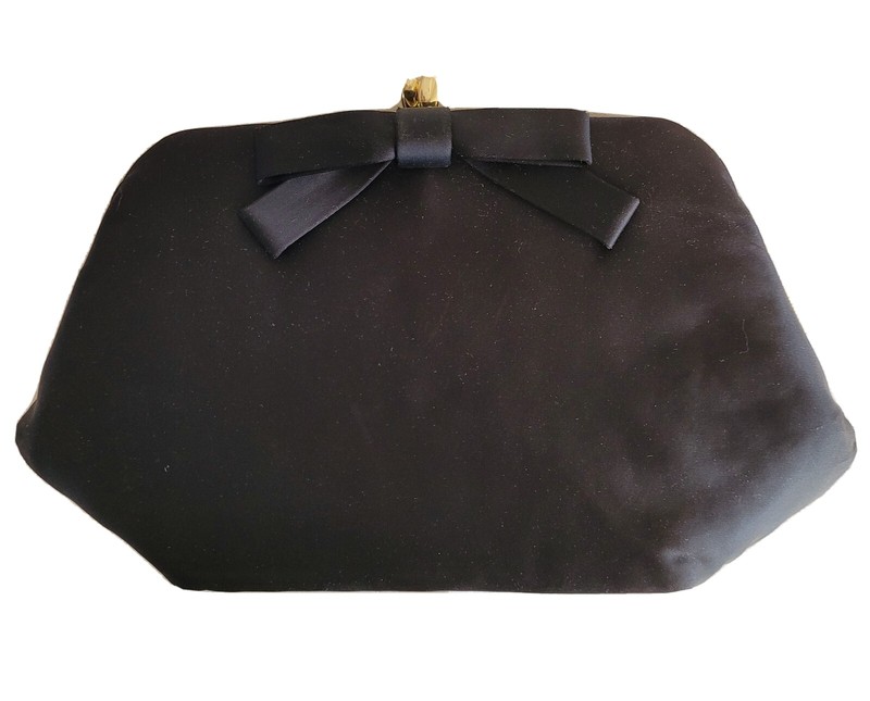 Classic Vintage Black Taffeta Clutch Handbag with Bow c.1950s