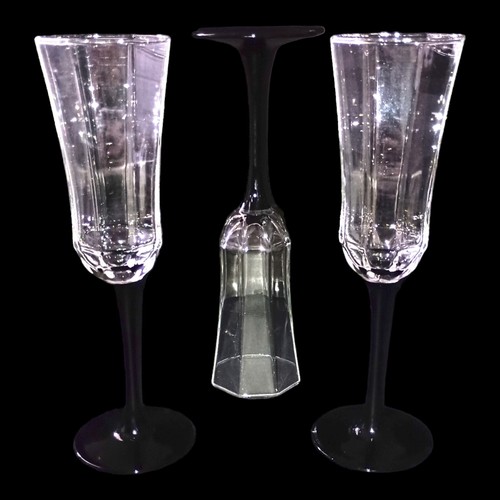 3 Luminarc Octime Champagne Flutes Black Glass Stem Glasses France Set Arcoroc - Picture 9 of 18