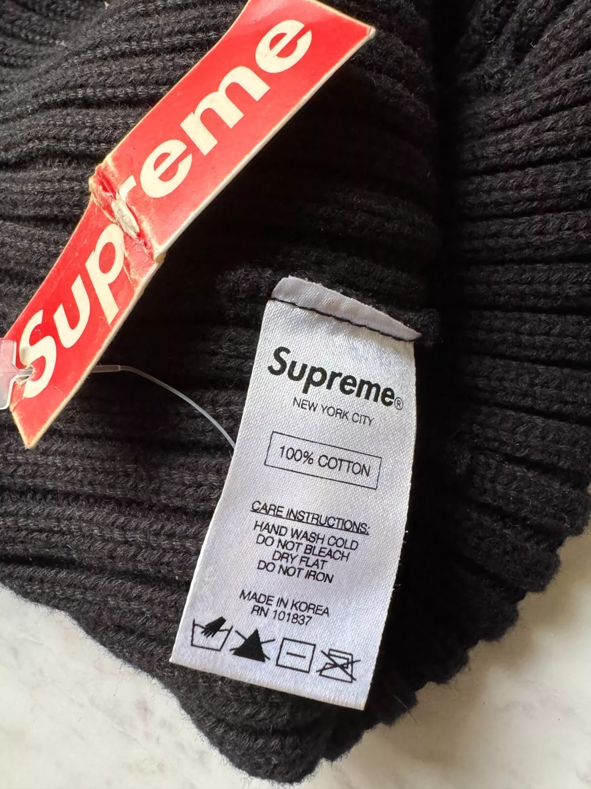 Supreme Overdyed Ribbed Beanie Black Tag attached