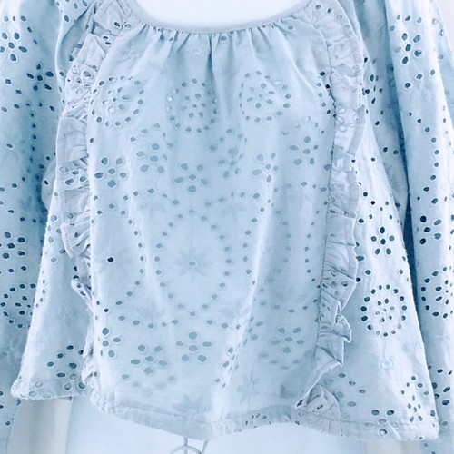 Joie Peasant Top Blue Eyelet Ruffled Balloon Sleeve Cropped Drawstring Hem Sz S - Picture 3 of 10