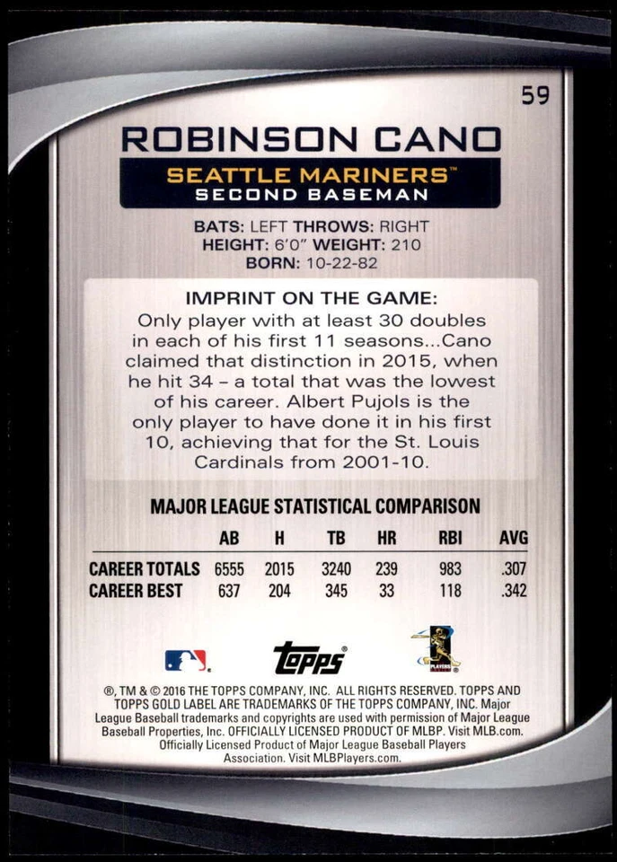 Robinson Cano 2016 Topps Gold Label 5x7 Class 3 Gold #59 /10 Mariners - Image 2 of 2