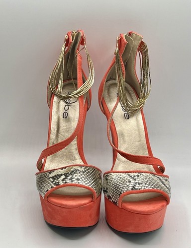 BEBE Orange Peeptoe Sandals Gold Chain Detail & 5.5”/1.5” Platform Heels Sz 6.5 - Picture 3 of 9