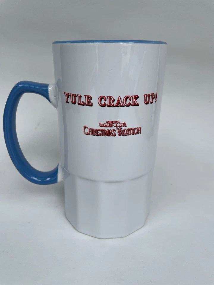 Taza de vacaciones de Navidad National Lampoons Chevy Chase alta blanca azul rara Foto 3 de 4
