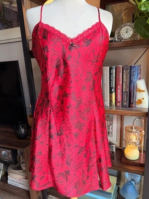 Y2K Red Floral Lace Trim Slip Dress with Adjustable Straps - Image 1 of 4