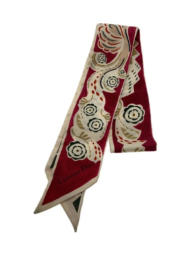 Authentique foulard Christian Dior en soie marine motif fleurs 102 x 6 cm toutes saisons