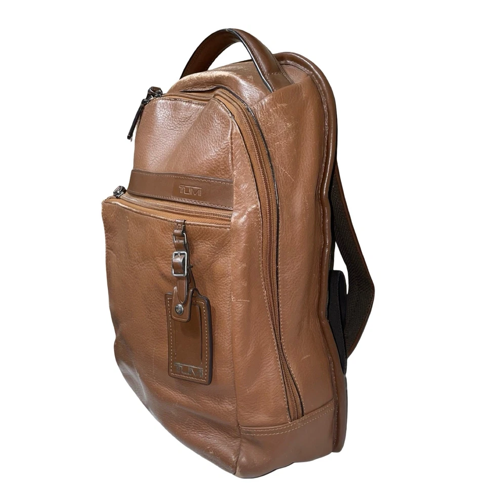 Tumi Skytop Leather Laptop Travel Business Tan Brown Backpack + Pencil Case - Image 3 of 4