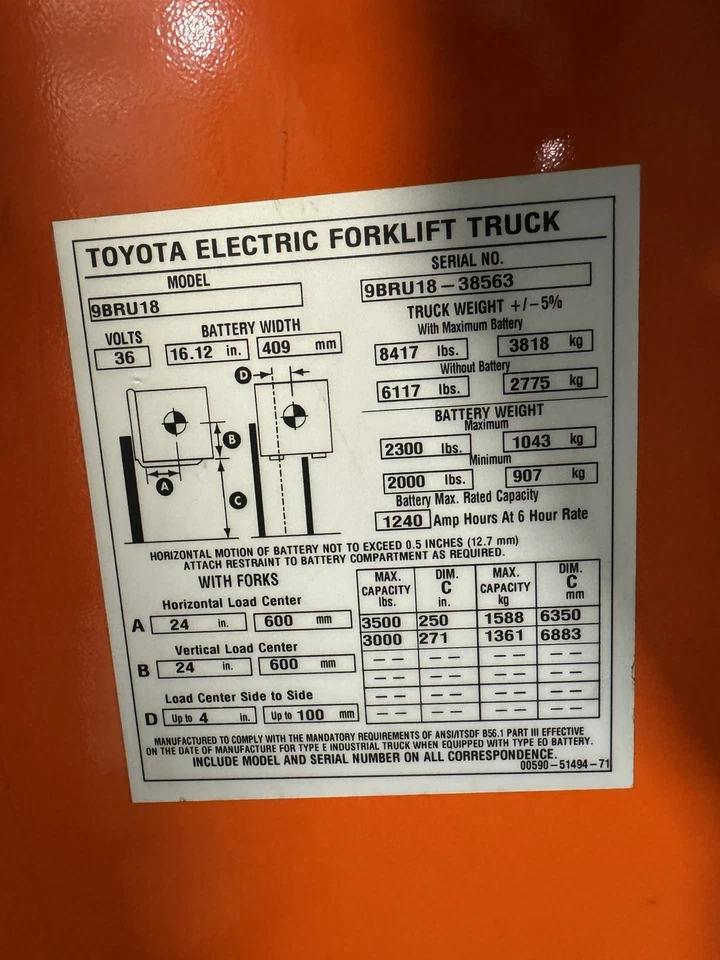 Toyota 9BRU18 3500LB 2018 271"" carretilla elevadora de pie alcance triple mástil desplazamiento lateral Foto 2 de 4