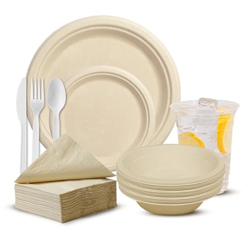 ECO SOUL Compostable Dinnerware Set 400 Pieces Round B0CXY35VG7 - Brown