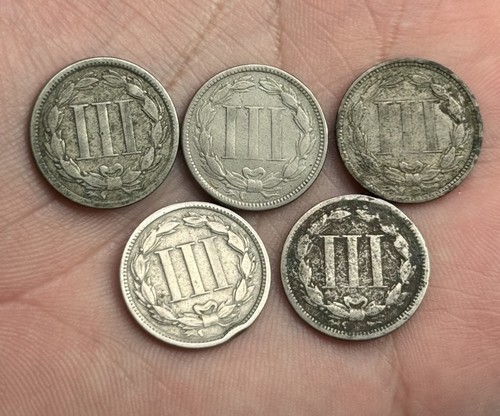 5 Coin Lot Three Cent Nickel Coins 1865-1869 Filler Grade  - Picture 4 of 4