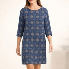 Garnet Hill Size 2 Silk Shift Dress 3/4 Sleeve Blue Medallion Print