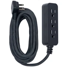GE 3-Outlet Extension Cord 15' Braided Cord Black/Gray: Indoor Flat Plug, 16 AWG