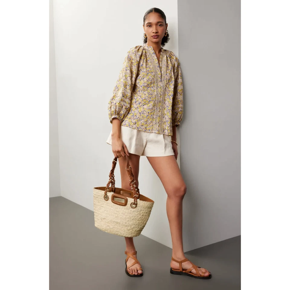 Bolso de Mano Maje Tejido Rafia Cesta Camel Natural Crema Correa de Cuero de Rafia Foto 2 de 4