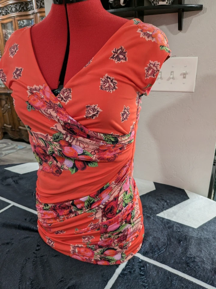 Jean Paul Gaultier Floral Print Ruched Tulle Tank Mid Midi Dress Stretch Mesh M - Image 3 of 4