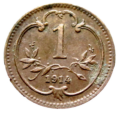 AUSTRIA Empire FRANZ JOSEPH I 1914 1 HELLER, Double-Headed Eagle BRONZE