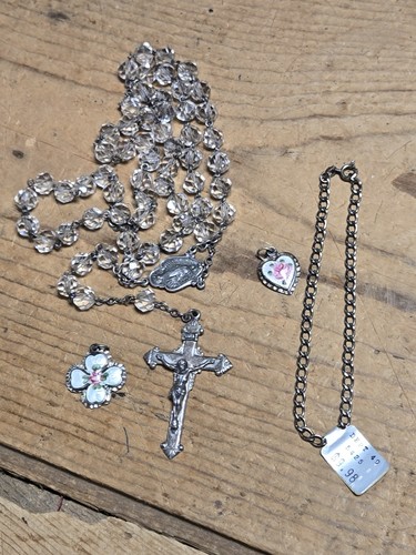 Sterling Silver D Roma Cross Rosary Clear Faceted Beads Enamel Swivel Charm Lot