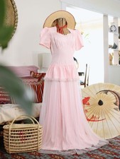 VTG 1940s Pale Pink Acetate Mesh Gown Puff Sleeves Sweetheart Neck Maxi Dress