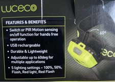 Luceco Head Torch Work Light LED USB Rechargeable Adjustable Fishing Camping PIR