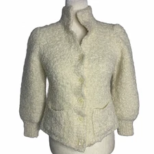 Vintage 80s Liberty House Cardigan Sweater Womens XS Ivory Fuzzy Boucle Wool