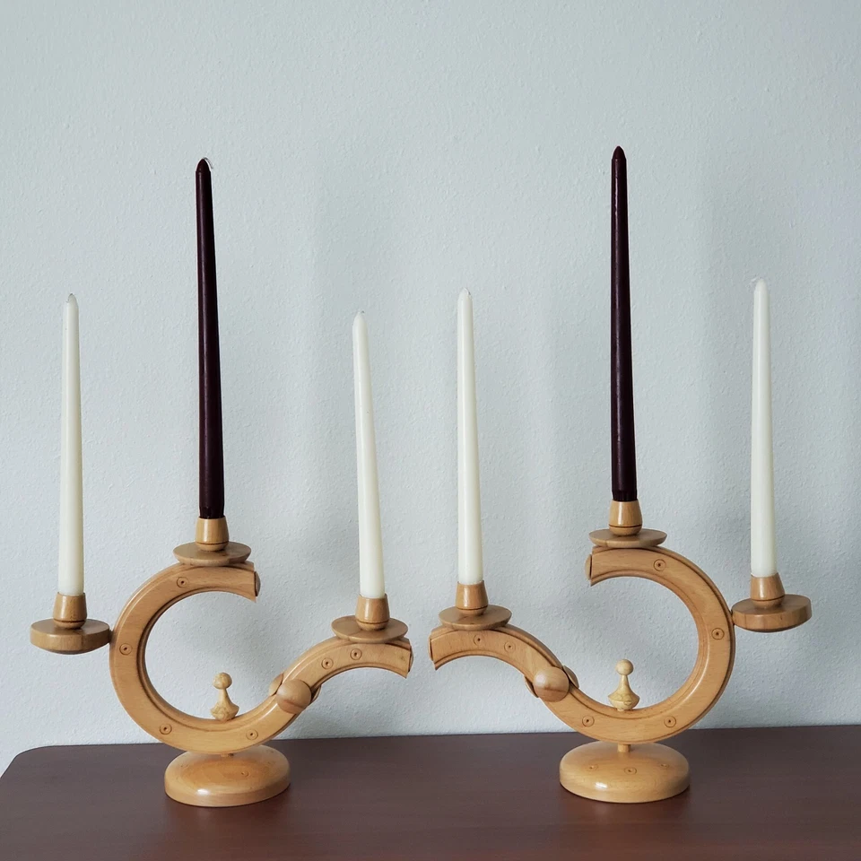 2 Candelabros Folk Rústicos Candelabros Torneados a Mano Madera Bohemio De Colección Transilvania Foto 3 de 4