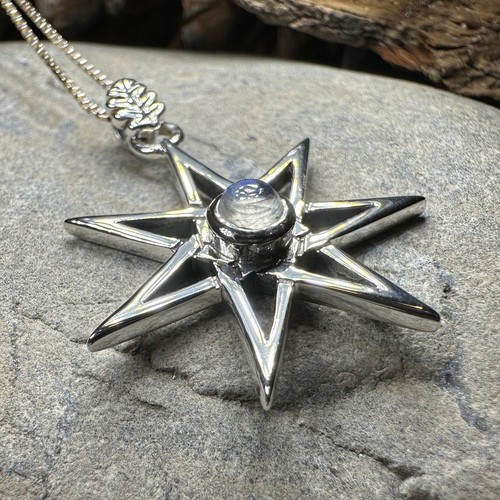 Collar Colgante Estrella Elfa Piedra Lunar Estrella Siete Puntas 925 Wicca con CADENA GRATIS - Imagen 3 de 10