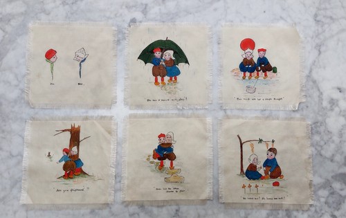 Set of 6 sweet VINTAGE handpainted fabric panels, Dutch couple, painted cartoon - Picture 2 of 7