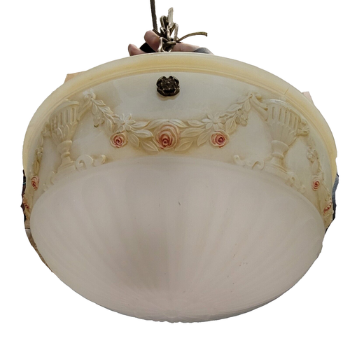 VTG 3 Chain Hanging Glass Ceiling Fixture Saucer Inverted Dome Light Chandelier - Picture 4 of 23