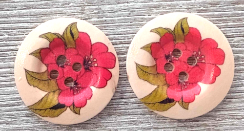 2 Red Flower Buttons Sewing Crafting 1 1/4" Wood 4 Hole
