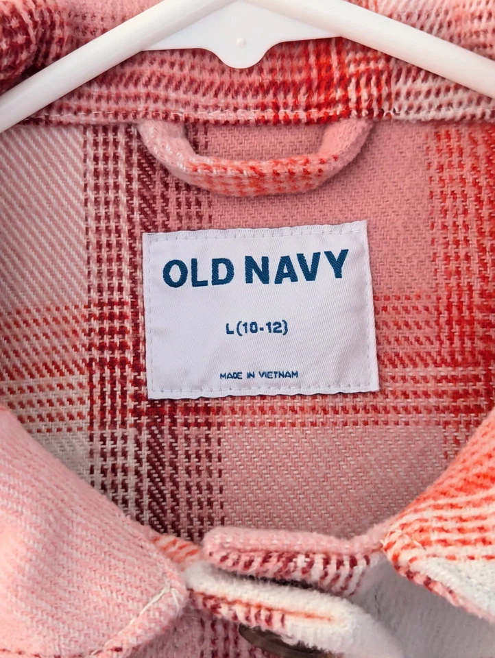 Old Navy Girls Plaid Flannel Coat Long Sleeve Shirt, Size 10 12, Red Pink White - Image 4 of 4