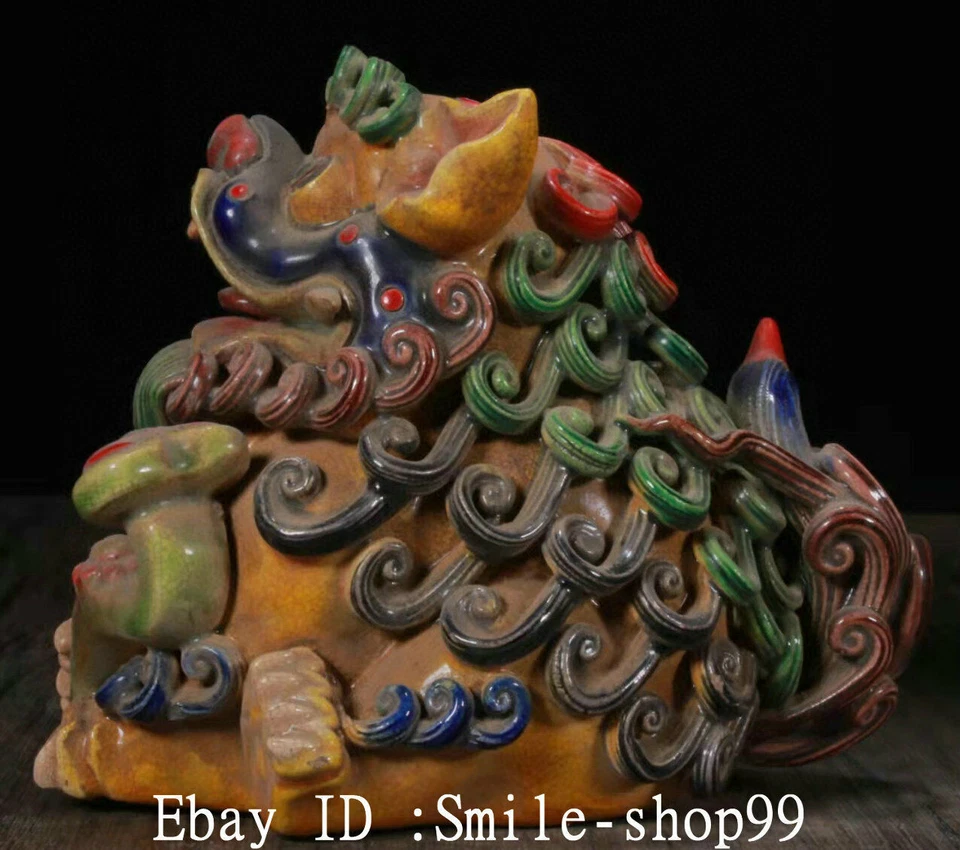 Par de estatua de lingotes de león Ruyi de porcelana Foo Fu de porcelana antigua China Shiwan de 4,3" Foto 3 de 4