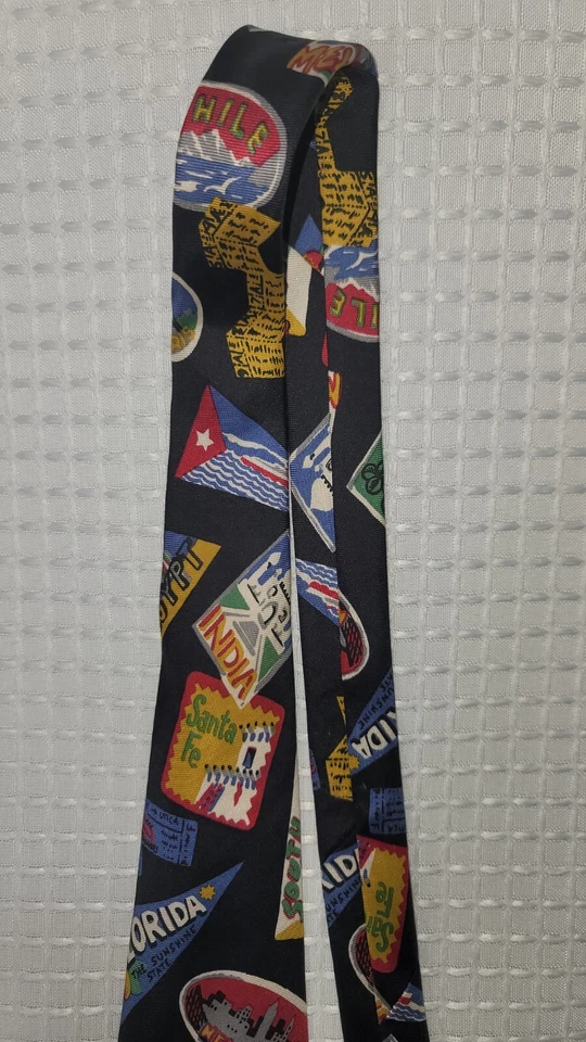 Винтажный UWD мужчин 58/4 PERRY ELLIS портфолио черный мир галстук 100% шелк сделано США - Изображение 4 из 4