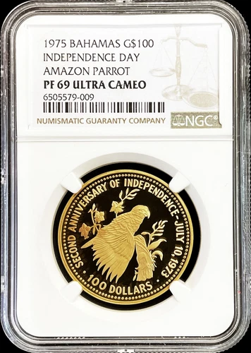 1975 GOLD BAHAMAS $100 DOLLAR AMAZON PARROT COIN NGC PROOF 69 ULTRA CAMEO