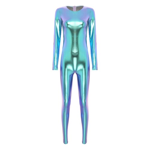 US ~ Damen glänzend holografisch Unitard Kostüm Reißverschluss Bodys Catsuits Overall - Bild 42 von 53