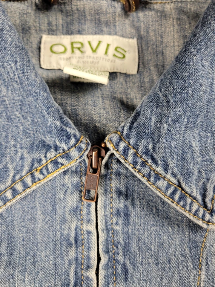 Chaqueta de mezclilla para mujer Orvis cuello y puños de cuero bolsillos con cremallera completa mediana Foto 4 de 4