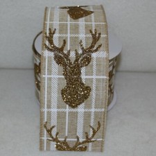 Christmas Ribbon Deer Glittered Head 2 1/2" Wired 10 Yards 14015