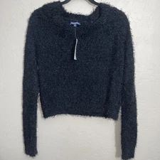 Freshman Juniors' Off-The-Shoulder Fuzzy Sweater Jet Black Size Medium