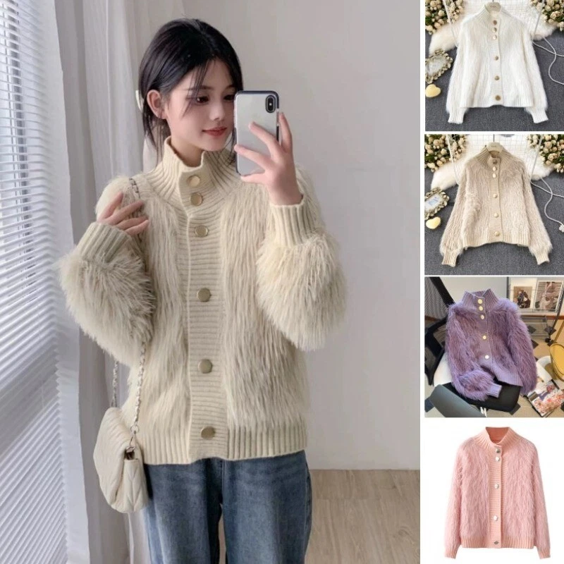 Lady Faux Fur Cardigan Knitted Turtleneck Jumper Sweater Fluffy
