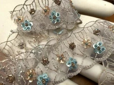 Organza Hand Sewn 1.5" Scallop Trim Glass Beads Sequins 15.5"pc Aqua Orchid