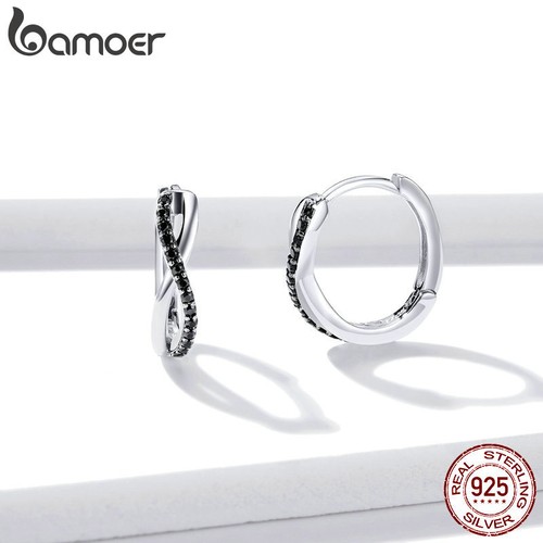 BAMOER S925 Sterling Silver Stud Earrings Symbol of Infinity Black CZ For Women - Picture 5 of 10