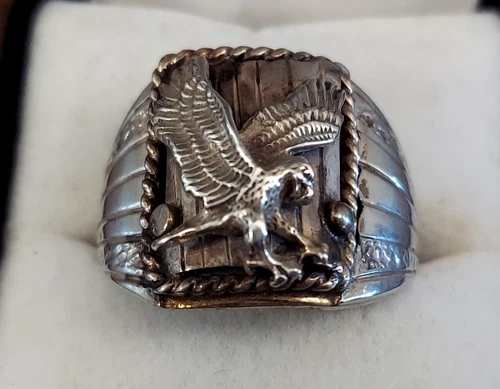 Vintage Navajo Ring .925 Silver Eagle Native Pattern - Signed By S. Ray