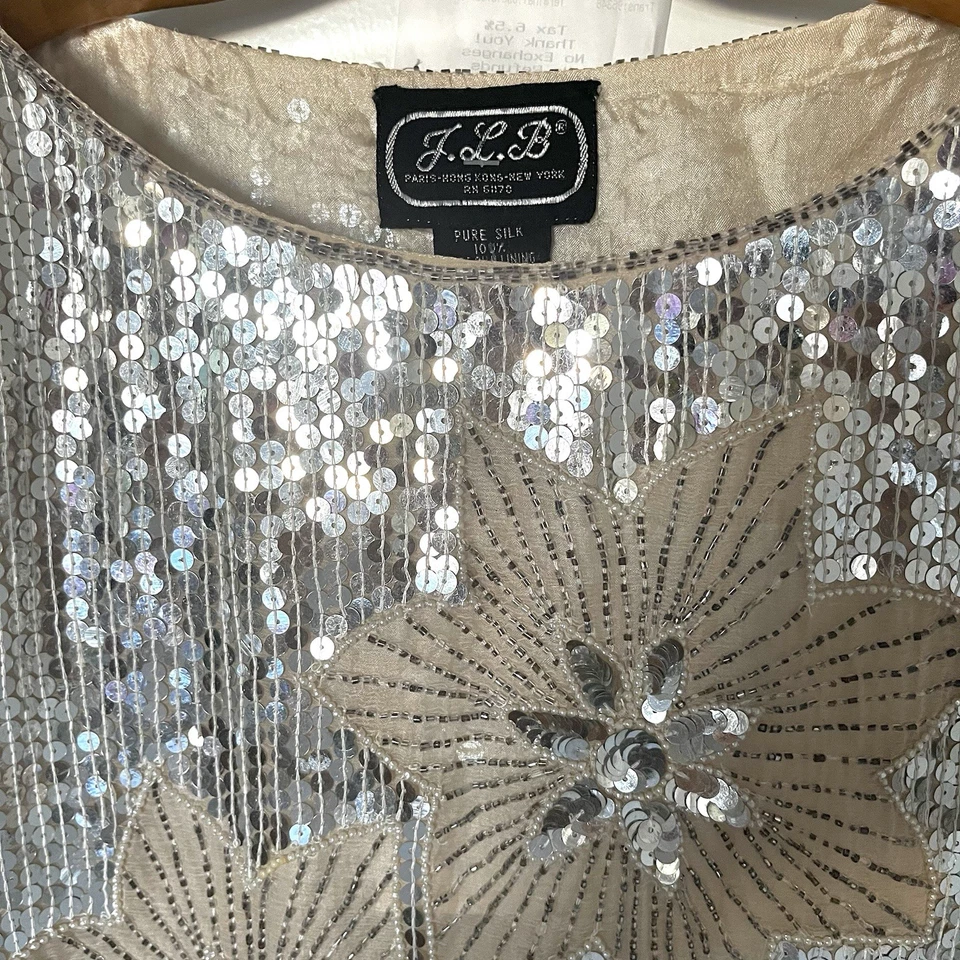 Vintage NWT JLB 80s 90s Silver Sequin Silk Beaded Disco Flapper Blouse Top - L - Image 3 of 4