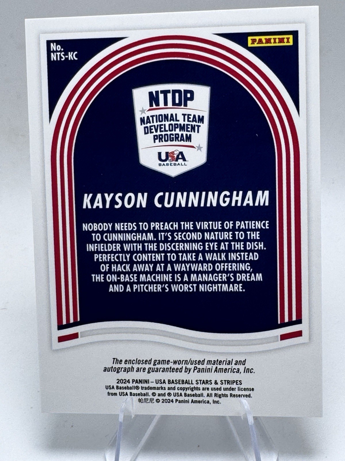 KAYSON CUNNINGHAM AUTO Game USED RELIC 2024 PANINI USA BASEBALL STARS STRIPES view 2