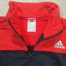 Rote Adidas Firebird Jacke mit 3 weißen Streifen und pinkem Logo (L)