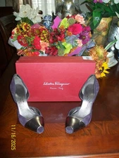 SALVATORE FERRAGAMO Eggplant Suede Leather Stiletto Peep Toe Pumps 7.5B Italy