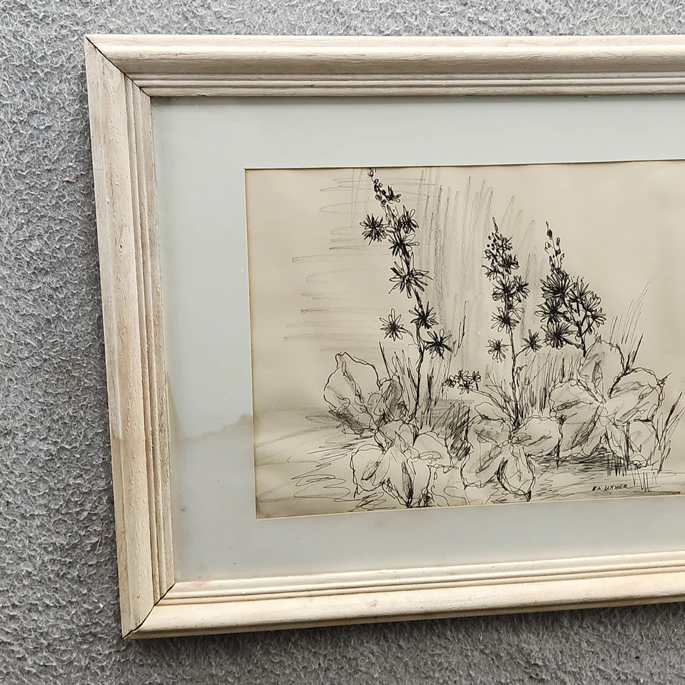 Винтажный рисунок растительными чернилами с подписью K.H. Unther – оригинальное цветочное искусство 18x14"" - Изображение 3 из 4