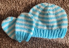Handmade Knitted Baby Hat And Scratch Mitts Newborn In White and Blue