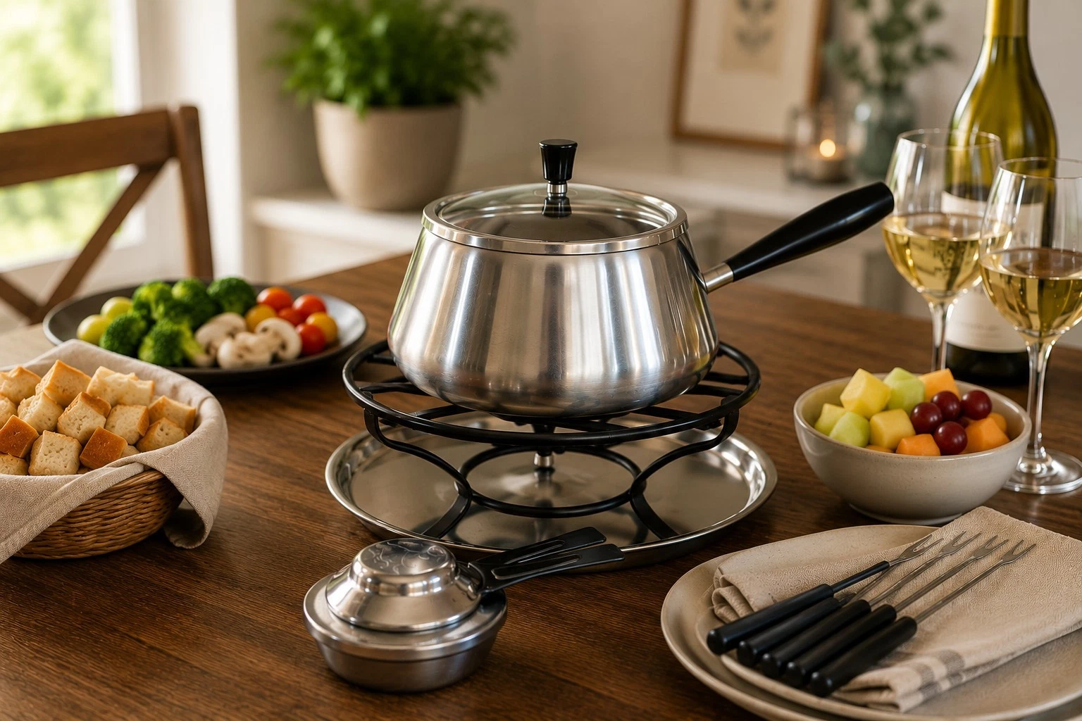 Vintage Swiss Spring Fondue Set Stainless Steel MCM 18/8 Complete Burner